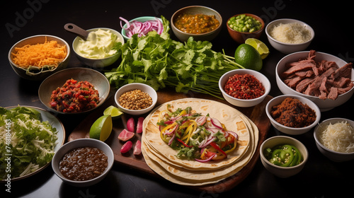 Ingredients for mexican tacos on dark background. Toned. generativa IA