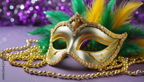 Mardi Gras carnival mask and beads on purple background © Marko