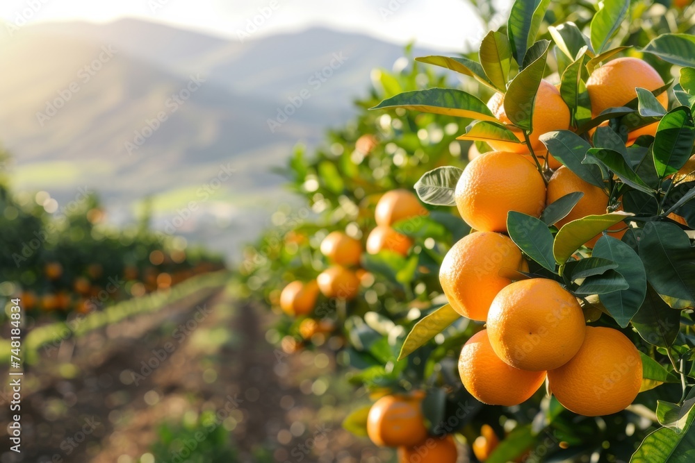 Golden rays of the setting sun illuminate a citrus orchard, casting a warm light over the ripe, round oranges.