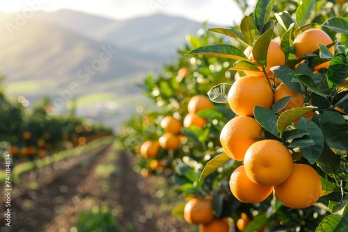 Golden rays of the setting sun illuminate a citrus orchard, casting a warm light over the ripe, round oranges.