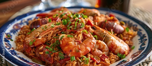 A blue and white plate holds a delicious serving of Cajun jambalaya topped with juicy shrimp and flavorful rice. The dish is visually appealing and ready to be enjoyed.