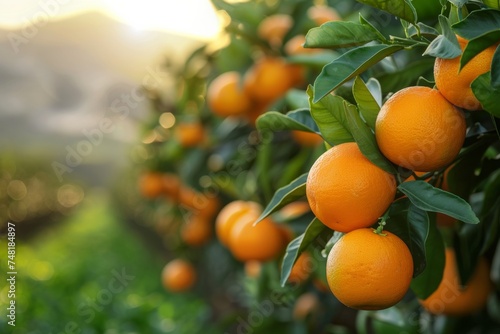 Golden rays of the setting sun illuminate a citrus orchard, casting a warm light over the ripe, round oranges.