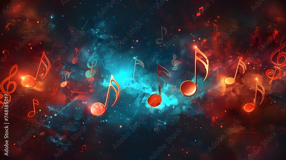 Colorful Music Notes Background with Dark Sky-Blue and Red - obrazy, fototapety, plakaty 