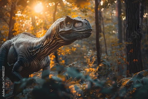 Dinosaurs Roaming in the Woods at Sunset in Hyper-Realistic Style © kiatipol
