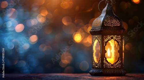 Elegant Muslim Lantern on Wooden Background during Islamic Holiday photo