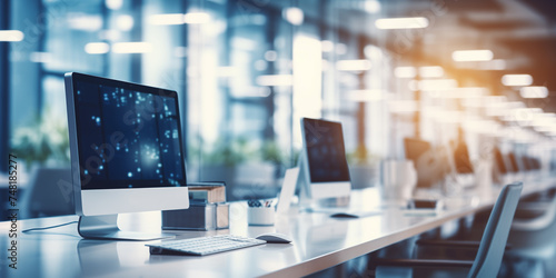 Wallpaper Mural Office background Contemporary office workspace with computers and dynamic lighting Torontodigital.ca