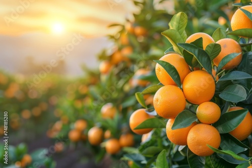 Golden rays of the setting sun illuminate a citrus orchard, casting a warm light over the ripe, round oranges.