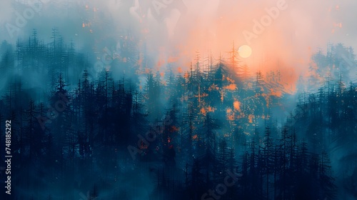 Ethereal Sunset Landscape with Trees in the Forest