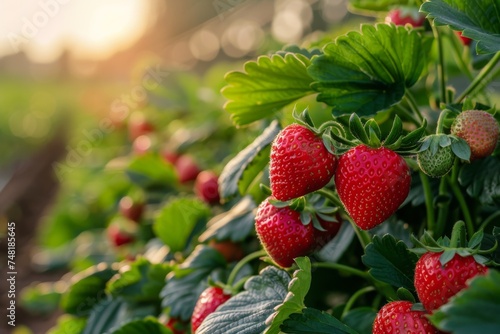 Sunlight bathes a field of ripe strawberries, highlighting the lush green leaves and vibrant red berries in a rural farm setting.