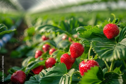 Sunlight bathes a field of ripe strawberries  highlighting the lush green leaves and vibrant red berries in a rural farm setting.