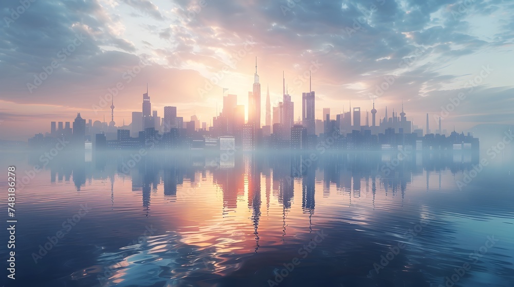 UAE City Skyline at Sunrise Reflected on Water