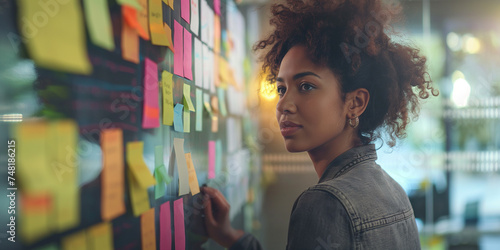 Thoughtful businesswoman brainstorming with colorful sticky notes on a glass wall in an office.