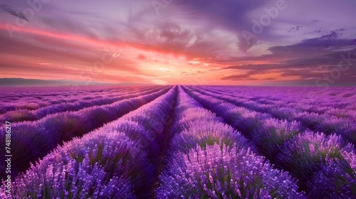 Sunset Lavender Field with Romantic and Vibrant Hues