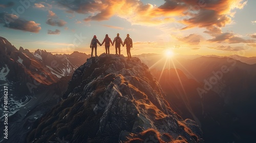 Team of People Standing on Mountain Summit at Sunset Time