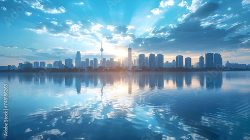 Toronto City Skyline Reflected in a Lake on a Sunny Day