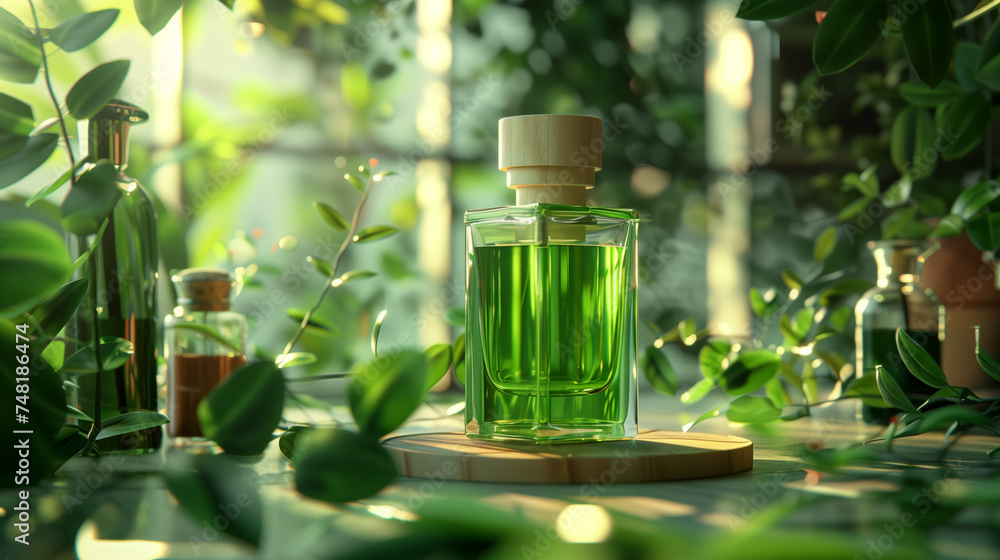 Green Fragrance Bottle in Lush Botanical Surroundings Green Fragrance Bottle in Lush Botanical Surroundings