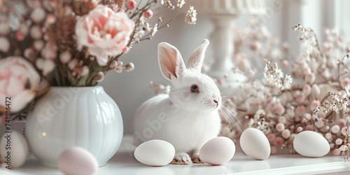 Happy Easter. Elegant white rabbit with eggs and soft floral arrangement, perfect for springtime decor