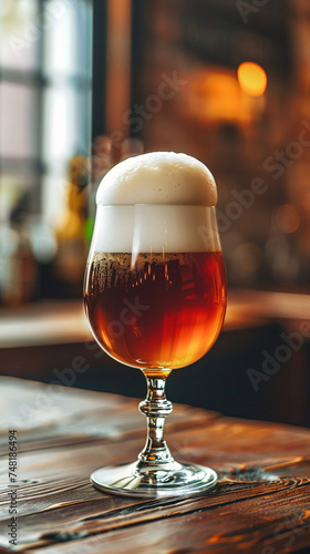 Overflowing beer glass, bubbles and foam scatter on a wooden table photo