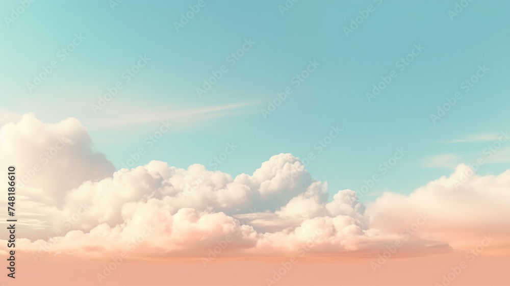 Beautiful sky on colorful gentle light day background. Sunny and fluffy clouds with pastel tone and idyllic orange teal color backdrop. Picturesque generative ai