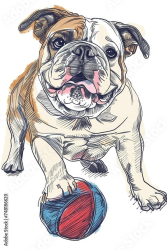English bulldog with a toy ball. on a white background. illustration