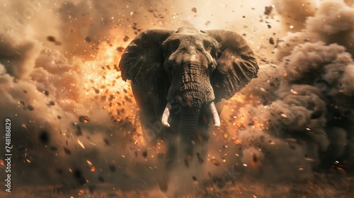 A battle scene with smoke and chaos but a lone elephant calmly navigating through the chaos.