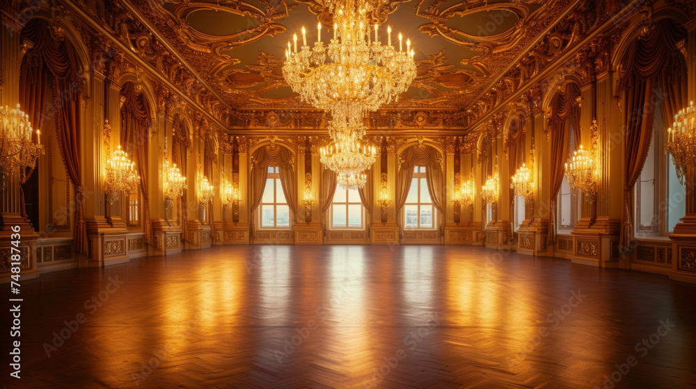Background The grand ballroom of a palace decorated with ornate dries and shining crystal chandeliers adds to the opulence of this modern royal look.