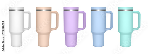 Thermo cup with handle. 3d mockup of a travel thermos. Set of white, beige, violet, green and blue mugs. Tumbler template	