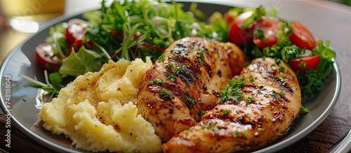 A close-up of a horizontal plate filled with a grilled chicken fillet, creamy mashed potatoes, and a fresh side salad. The golden-brown chicken contrasts with the white mashed potatoes and vibrant