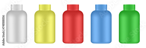 Set of big medical pill bottles. White, yellow, red, blue and green jars. Plastic medicine container. 3d mockup of a pharmaceutical packaging