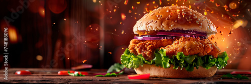 fresh crispy fried chicken burger sandwich with flying ingredients and spices hot ready to serve and eat food commercial advertisement menu banner with copy space area photo