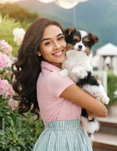 Happy Smiling woman holds small dog puppy. Beautiful girl hugs little dog. Lady with puppy. Girl with dog