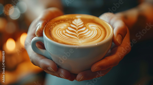 A close-up shot of a barista expertly crafting a latte art design in a trendy coffee shop photo