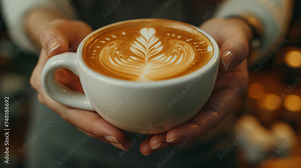 A close-up shot of a barista expertly crafting a latte art design in a trendy coffee shop A close-up shot of a barista expertly crafting a latte art design in a trendy coffee shop