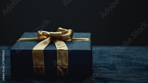 Luxurious Dark Blue Gift Box with Gold Satin Ribbon on Dark Background - Elegant Tactile Birthday Surprise with Copy Space