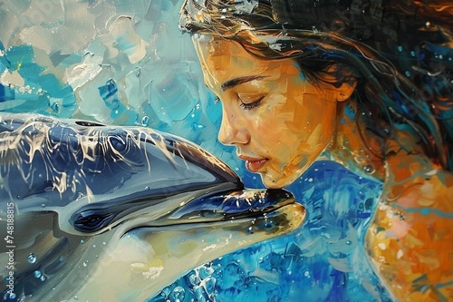 high fantasy two: 17-year-old swimmer and the dolphin Apolina, close-up, reflects emotions, dynamic lighting, complex, detailed, volumetric lighting, acrylic style photo