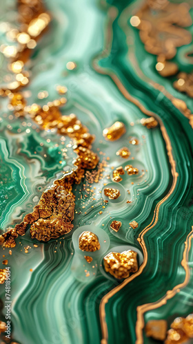 A close-up of teal malachite with intricate golden textures. photo
