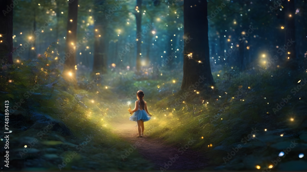 Magical forest clearing with fireflies, fairies, and woodland creatures under shimmering fairy dust