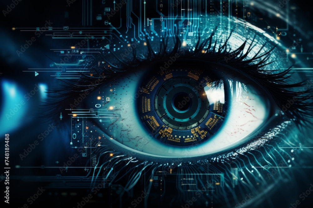 Human eye closeup with virtual hologram for identity verification and ophthalmology observation Human eye closeup with virtual hologram for identity verification and ophthalmology observation