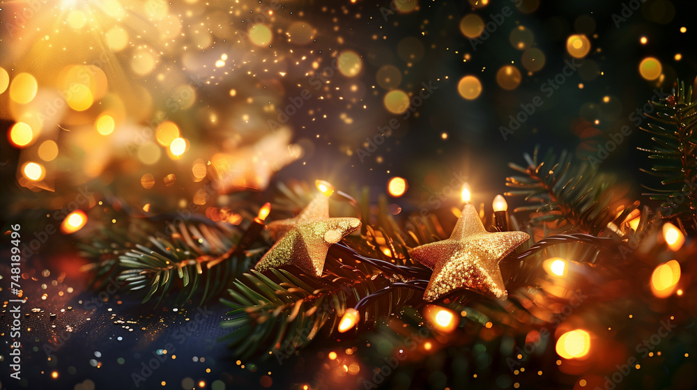 Naklejka premium christmas with golden shining stars on a dark background with copy space, created with generative AI technology