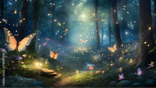 Magical forest clearing with fireflies, fairies, and woodland creatures under shimmering fairy dust