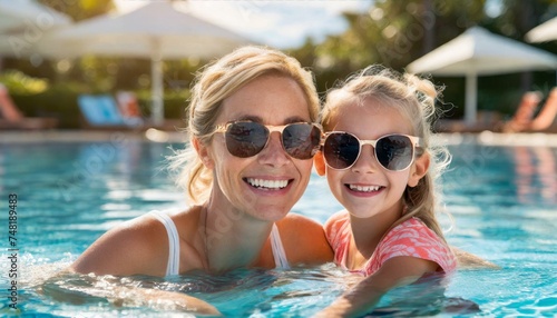  Mother and daughter enjoy a summer afternoon in a swimming pool, both wearing sunglasses and smiling. Their playful interaction and shared fun capture the essence of a family vacation photo