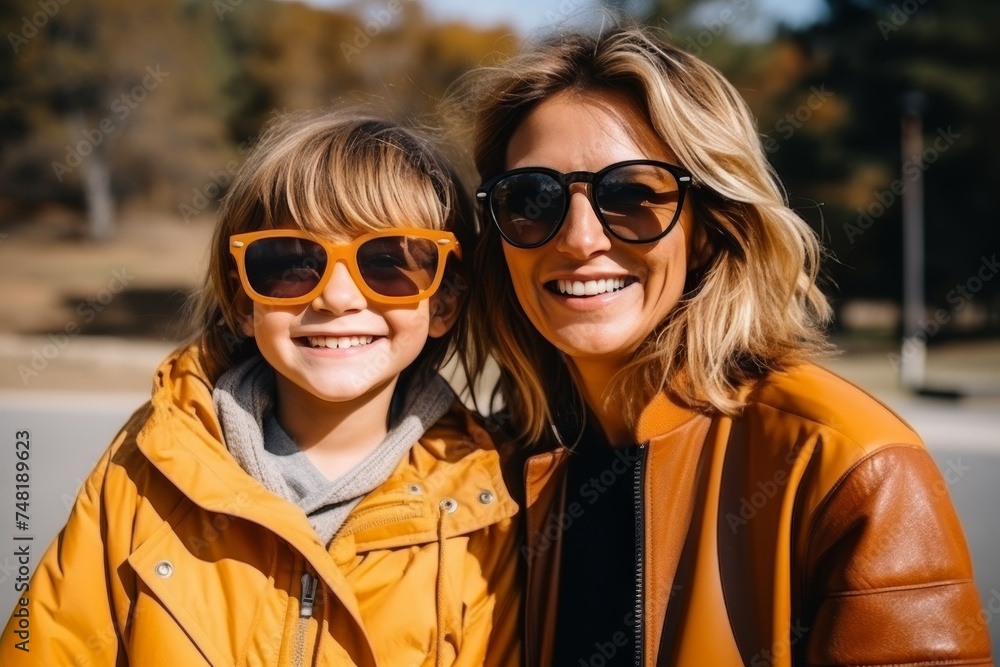 Happy child with his mother in orange jackets and sunglasses smiling on a sunny day on camera Happy child with his mother in orange jackets and sunglasses smiling on a sunny day on camera