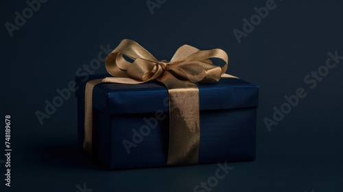 Dark Blue Gift Box with Gold Satin Ribbon: Elegance and Sophistication in Monochromatic Minimalism for Special Occasion Celebration