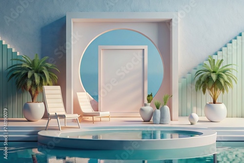 Mockup in outdoor area next to pool in soft colors. Generative AI