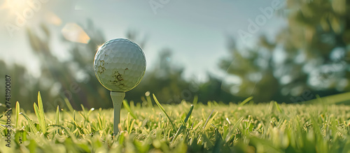 Golf ball about to be hit by a golfer on a playing field