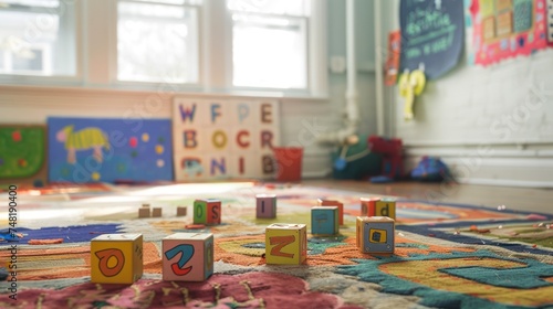 Back to School Memories: Lively Classroom with Alphabet Blocks, Colorful Rug, and Children's Artwork