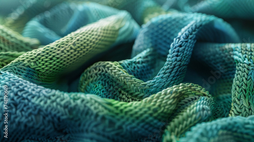 A closeup of a knitted scarf showcasing its soft texture and the complex stitch pattern in shades of blue and green.