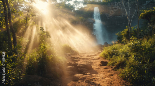 Background A dusty trail leading to a hidden waterfall in the middle of a safari.