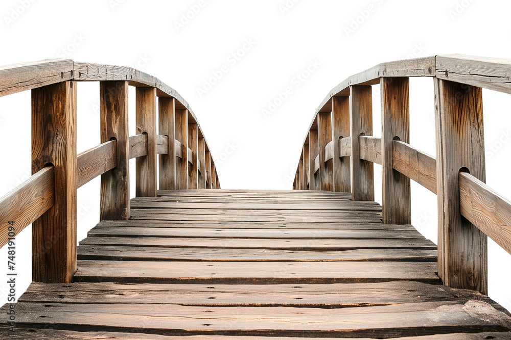 Curved wooden bridge on a transparent background