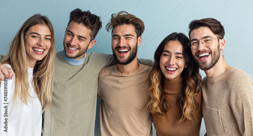 Five fashionable young adults smile cheerfully, wearing neutral tones and embracing, conveying friendship and style Five fashionable young adults smile cheerfully, wearing neutral tones and embracing, conveying friendship and style